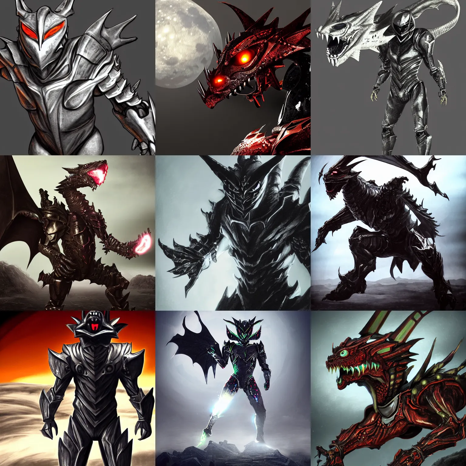 Prompt: snarling humanoid dragon with inspired kamen rider armor with glowing eyes and mouth standing in a crater on the plains of scotland, glowing eyes, charcoal and silver color scheme, rubber suit, full body single character, moonlit night, good value control, high contrast, biomechanical elements, sci-fi, concept art