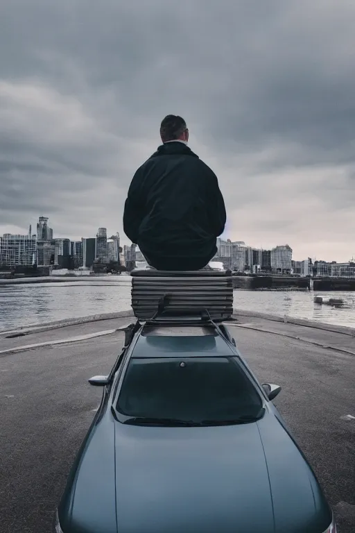 Image similar to Photo of a man sitting on the car roof in the heavy in front of the city that sank, hyper realistic, outdoor lighting, dynamic lighting, volumetric, wide angle, anamorphic lens, go pro, 4k