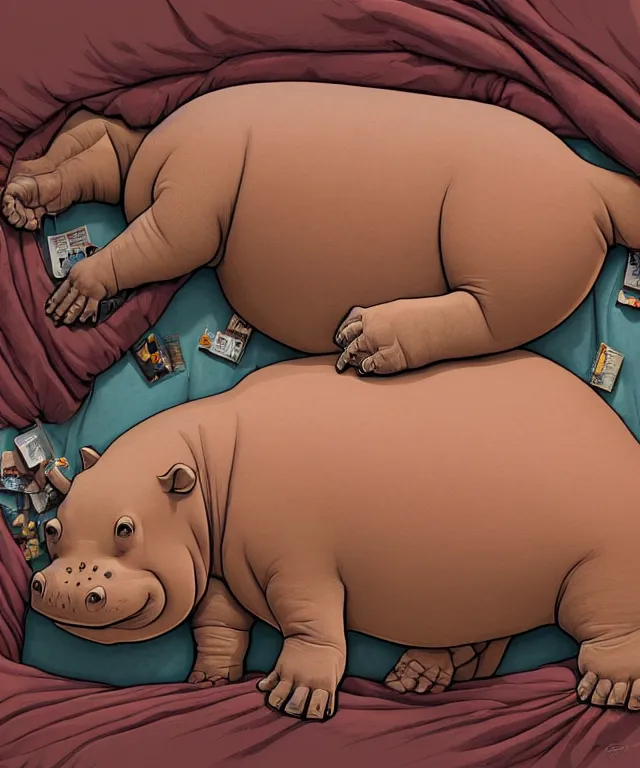 Image similar to tired humanoid hippo lying in bed, closeup, centered composition, digital painting, artstation, concept art, kids book illustration, sharp focus, octane render, illustration, art by geof darrow,