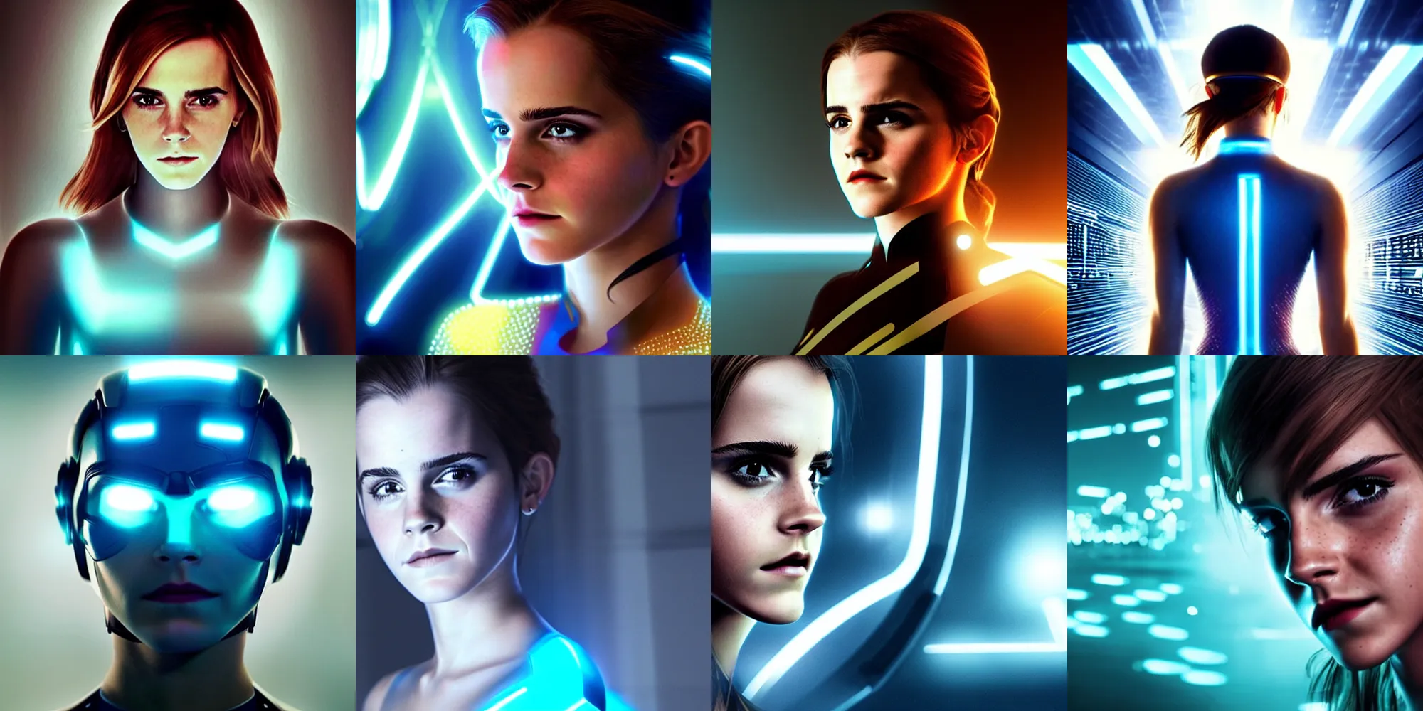 Prompt: beautiful portrait of emma watson in a tron legacy costume, cinematic, soft light, by xiaoguang sun and tian zi