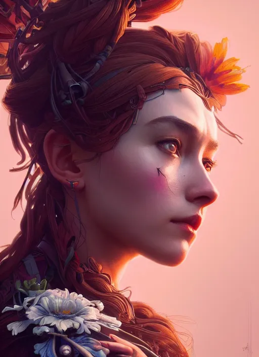 Image similar to symmetry!! portrait of floral! horizon zero dawn machine, intricate, elegant, highly detailed, digital painting, artstation, concept art, smooth, sharp focus, illustration, art by artgerm and greg rutkowski and alphonse mucha, 8 k