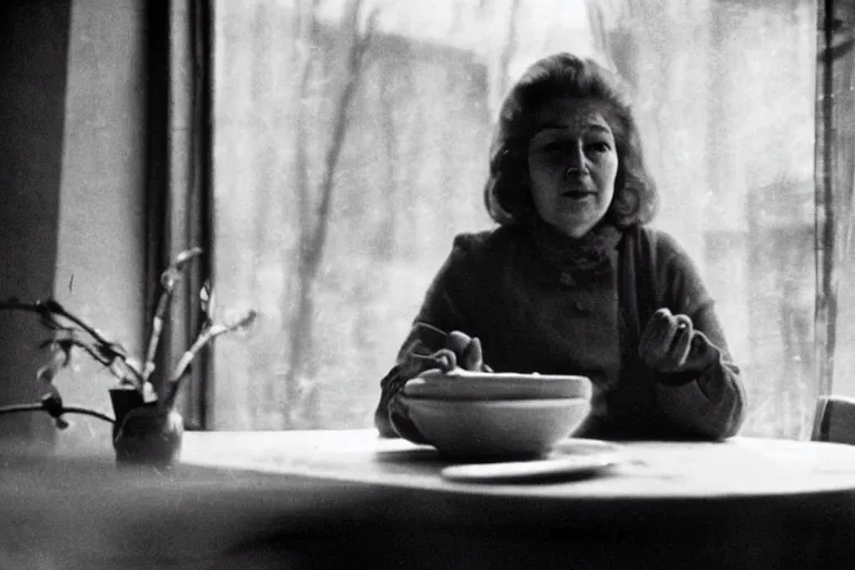 Image similar to soviet movie still a soviet woman sitting at a table next to the window with food, dark warm light, a character portrait by margarita terekhova, movie stalker solaris film still by andrei tarkovsky, 8 k, 1 9 8 4, close - up bokeh, gelios lens, color, noir