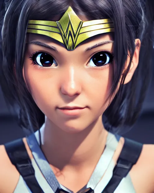 Image similar to stylish cute wonderwoman portrait hd sharp 3d model vray render in Pixar squareenix game anime manga toriyama Miyazaki style trending on pixiv skeb