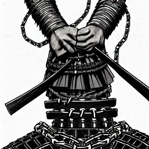 Image similar to A PORTRAIT FROM BEHIND OF A SAMURAI ,THE THE MAN IS WRAPPED IN CHAINS ,detailed, concept art, ink style , sketch