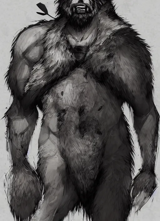 Prompt: Full body portrait of an old muscular man with blonde hair and dark beard wearing bear skin, a large bear spirit is standing beside. In style of Yoji Shinkawa and Hyung-tae Kim, trending on ArtStation, dark fantasy, great composition, concept art, highly detailed.