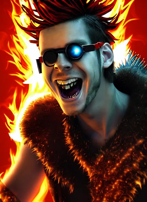 Image similar to An epic fantasy comic book style portrait painting of young man with red spiked long hair, using an orange lens googles. Wearing white shirt, a black waistcoat, brown pants and black boots. He is throwing a wild fire blast from his hands, with a vicious smile in face. Unreal 5, DAZ, hyperrealistic, octane render, cosplay, RPG portrait, dynamic lighting