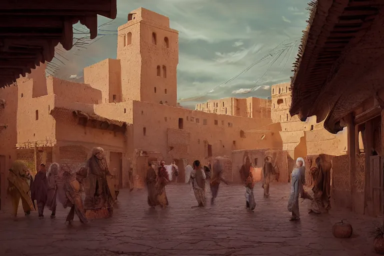 Prompt: at night low angle in the middle of a adobe house kasbah town, mud and brick houses, merchant street, pueblo dense architecture, colorful crowd. Huge Persian white temple in a plaza, round roof. Kite in the sky. Scenic view at night, underexposed, clean horizon, matte painting by craig mullins and dan mumford, dark fantasy, style of game of thrones, concept art trending on artstation, 4k, insane details