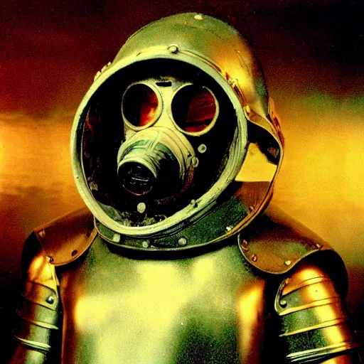Image similar to a man wearing armor made of gasmasks, film still, arriflex 3 5