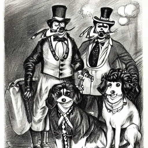 Prompt: black and white vintage drawing of a ragtag team of three dogs dressed as mischievous thieves in a dark steampunk setting