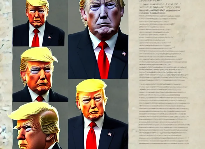 Image similar to character model sheet of donald trump by greg rutkowski, by studio ghibli and ross tran, digital art, trending on artstation, highly detailed, illustration, concept art, elegant, beautiful, masterpiece