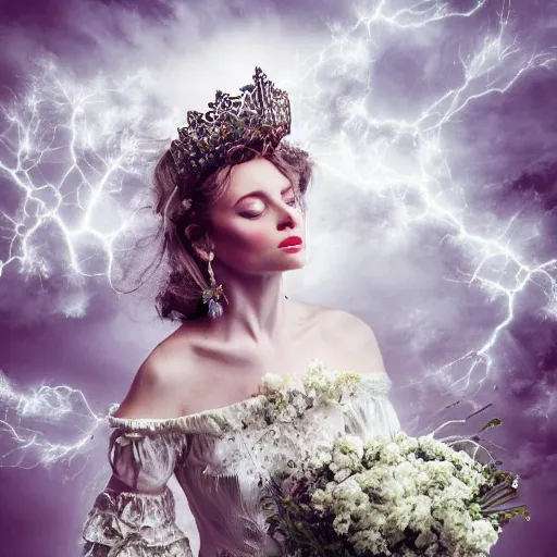 Image similar to meredit frampton a queen with a white large magnificent more and more vaporous ,wrapped ,hight decorated,detailed ,white roses cotton dress shooting surrounded by a bouquet of abstract white flowers and clouds during lightning storm ,surrealism 8k