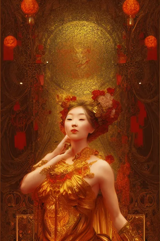 Image similar to tarot card artstation, portrait of a japanese love dancer, sunrise, baroque ornament and rococo ornament, ancient chinese ornate, hyperdetailed, beautiful lighting, craig mullins, mucha, klimt, yoshitaka amano, red and gold and orange color palette