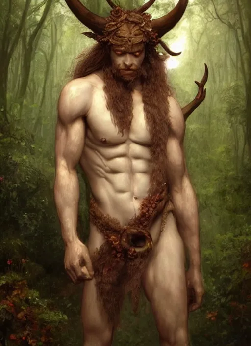 Prompt: a fantasy character portrait of a faun, a humanioid creature of the forest, an old pagan god designed by guillermo del toro, symmetry, highly detailed digital painting, trending on artstation, art by edmund blair leighton and phil hale and ilya repin and charlie bowater