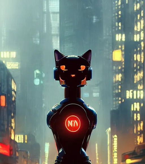 Image similar to new york city portrait of furry anthro anthropomorphic stylized cat head android service droid robot machine fursona wearing gloomy rainy screenshot from the video game cyberpunk 2077 digital art by Greg Rutkowski, Simon Stalenhag, christopher nolan trending on Artstation, CGSociety