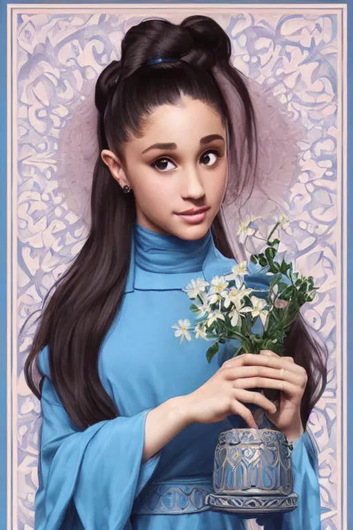 Prompt: beautiful cottagecore Ariana Grande holding a babyblue colored vase. intricate, elegant. the background is babylue !. highly detailed, digital painting, artstation, concept art, smooth, sharp, focus, illustration. . art by artgerm and greg rutkowski and alphonse mucha