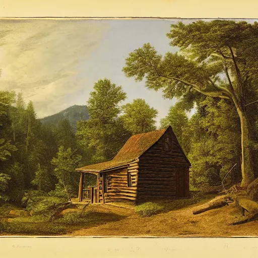 Image similar to Woodcutter Cabin in 1750,viewed by Thoreau, in the style of the Hudson River School
