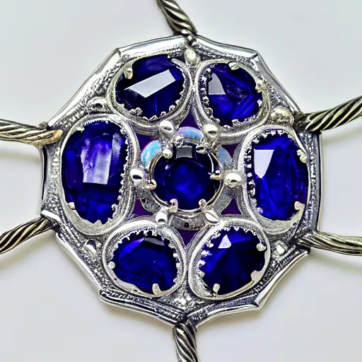 Prompt: ornate silver mandala sapphire jewelry macro product photo