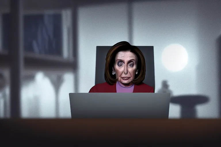 Image similar to Nancy Pelosi hiding in the shadows in a dark corner trading stocks on a laptop, face lit up by screen, very high detail, cinematic, volumetric lighting, artstation, 8k, dark, hyperrealistic