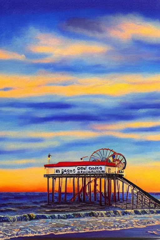 Image similar to bob ross painting of santa monica pier