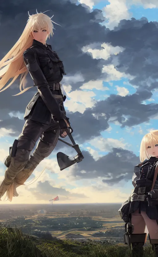 Image similar to panoramic view, a blonde girl, soldier clothing, battlefield in background, anime style, hair down, symmetrical facial features, realistic hands, from arknights, hyper realistic, 4 k, extreme detail, d & d, trending artstation, safebooru, realistic lighting, by alphonse mucha, greg rutkowski, sharp focus