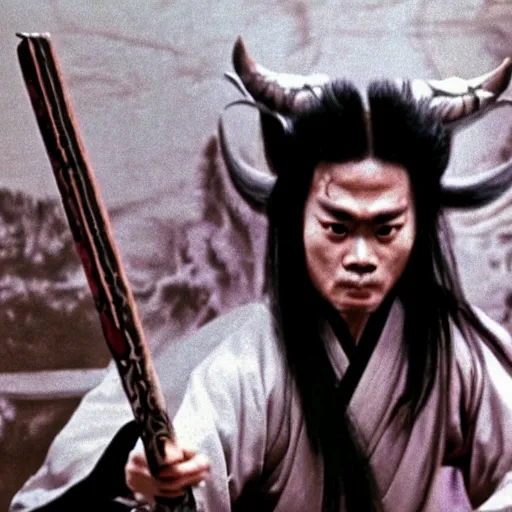 Image similar to Demon, yokai, kung fu, wuxia, xianxia, glam metal hair, Jiang sword, wild hair, 1983 cinematic, live action