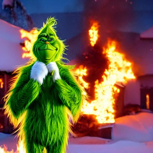 Image similar to the grinch manically laughing while an 80 ft Christmas tree burns in the background