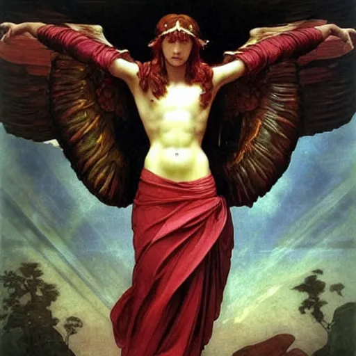 Image similar to godlike awe-inspiring menacing Lucifer royal portrait, standing tall invincible, beautiful angelic wings, Satan,Pride,Superbia, stunning, breathtaking, award-winning, groundbreaking, concept art, nouveau art, Dark Fantasy mixed with Socialist Realism, by Michelangelo, Caravaggio, Alphonse Mucha, Michael Whelan, William Adolphe Bouguereau, John Williams Waterhouse, and Donato Giancola, extremely moody lighting, glowing light and shadow, atmospheric, fine art, trending, featured, 8k, photorealistic, complex, intricate, 3-point perspective, hyper detailed, unreal engine 5, IMAX quality, cinematic, symmetrical, high resolution, 3D, PBR, path tracing, volumetric lighting, octane render, arnold render