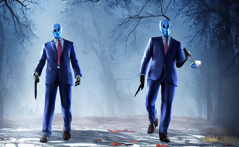 Image similar to cinematic view of a dead by daylight killer lawyer wearing a blue business suit, character portrait, digital art