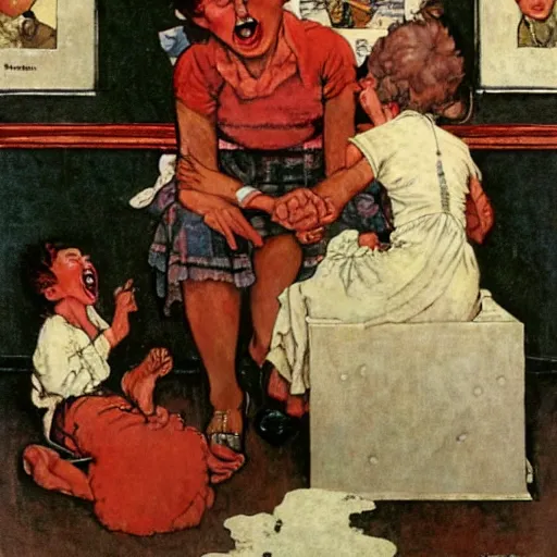 Prompt: A mother screaming to her baby artwork by Norman Rockwell, cinematic composition