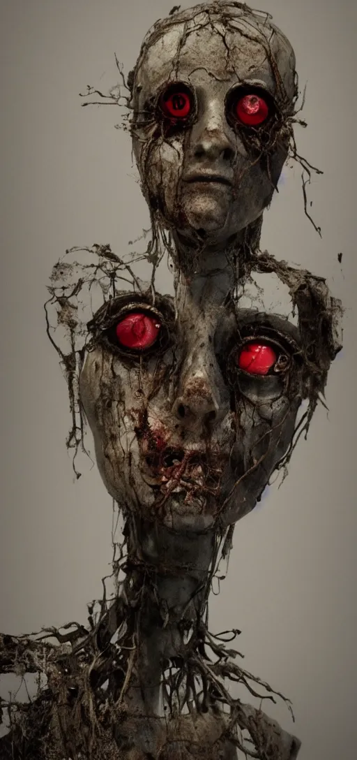 Image similar to old rotting mannequin staring at center of screen with wide large eyes, horror art, body horror, disturbing, intense, artstation, dramatic, scary, 4K, realistic,