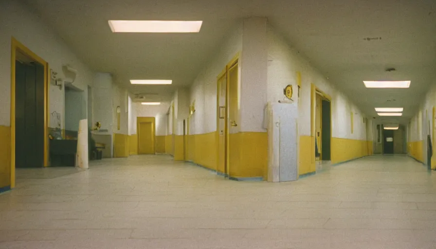 Prompt: 60s movie still of a sovietic stalinist style empty hospital corridor with light yellow tiles floor, cinestill 800t 50mm eastmancolor, liminal Space style, heavy grain-s 150