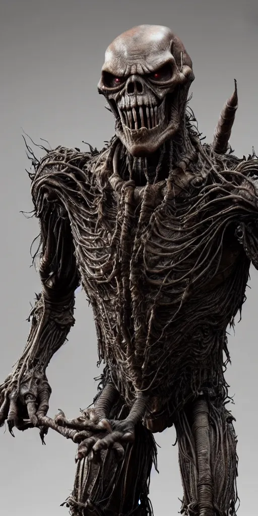 Prompt: photo taken of an epic intricate, ultra detailed, super realistic gritty, hero prop, exquisitely weathered animatronic movie prop of a lifelike sculpture of a nightmarish lifesize version of the grim reaper creature created by weta workshop, full body shot, photorealistic, sharp focus