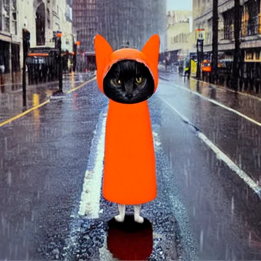 Prompt: a crying cat in the middle of a wet street while wearing a funny carrot costume, android photograph, meme picture