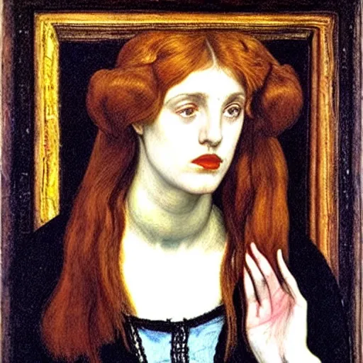 Image similar to The Sorrowful Qween Gwyneth by Dante Gabriel Rossetti, oil on canvas, realist quality