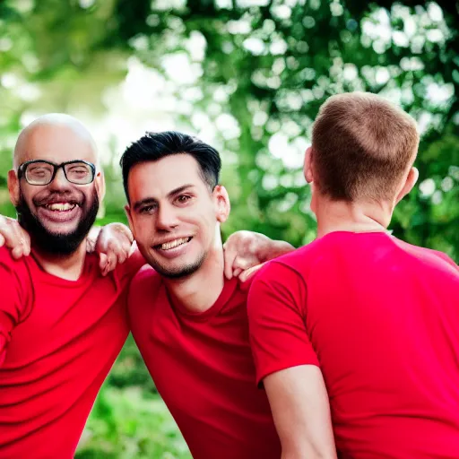 Prompt: three men sitting on the ground with red shirts humming and vibrant 4k photo