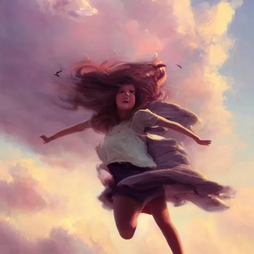 Prompt: girl with long brown hair flying through the sky between fluffy pink clouds, Greg Rutkowski, dynamic lighting, cheerful, award-winning oil painting,