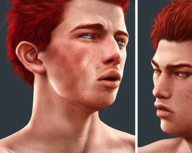 Image similar to portrait short and stocky of 1 9 - year - old male twins with red hair and freckles, two male, wearing shirts,, hyper realistic face, beautiful eyes, character art, art by mark brooks, hyperdetailed, cryengine, trending on artstation, digital art