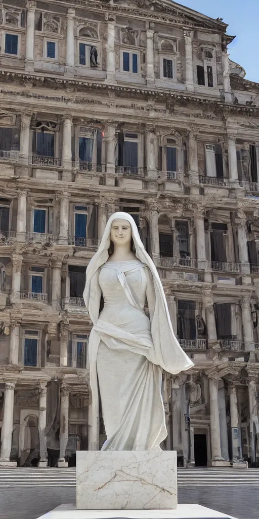 Prompt: A marble sculpture of The Mona Lisa in the middle of an empty Italian piazza, midday, 4k photograph, sunny day, low angle