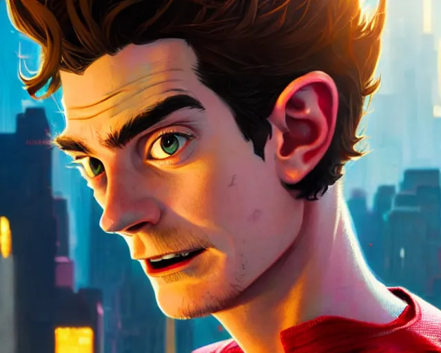 Image similar to highly detailed portrait of andrew garfield, in spider - man : into the spider - verse, stephen bliss, unreal engine, fantasy art by greg rutkowski, loish, rhads, ferdinand knab, makoto shinkai and lois van baarle, ilya kuvshinov, rossdraws, tom bagshaw, global illumination, radiant light, detailed and intricate environment