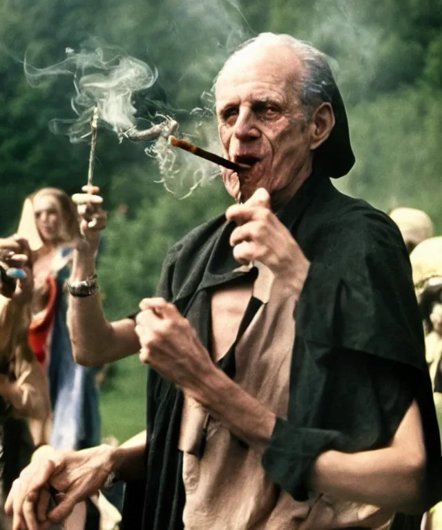 Image similar to photograph of emperor palpatine smoking weed at woodstock in 1 9 6 9, 3 5 mm film, kodachrome