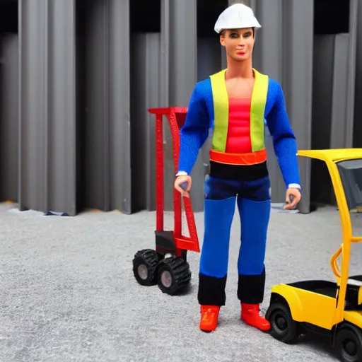 Image similar to ken doll in construction gear, driving a fork - lift, in front of a large warehouse, barbie - doll is at the car