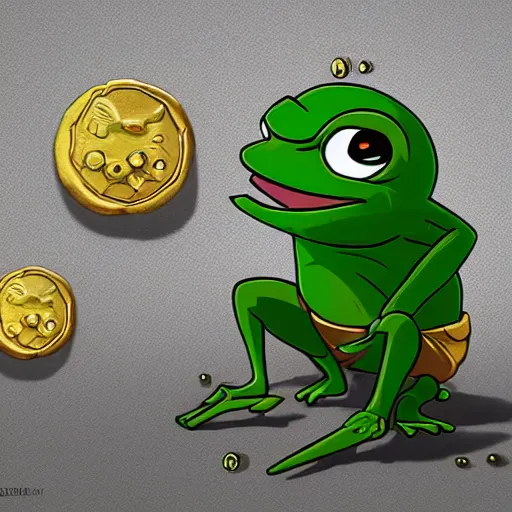 Image similar to super rich happy pepe, coins, gold, crystals, greg rutkowski