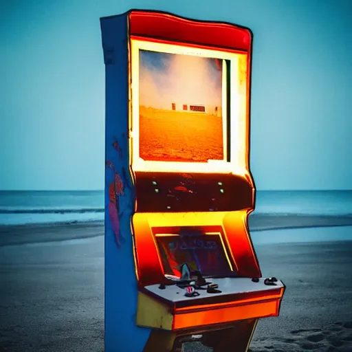 Image similar to an abandoned arcade machine on the beach at night. photograph in the style of simon stalenhag