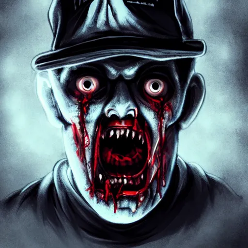 Image similar to angry zombie mailman without eyes portrait, empty bloody - black eyesockets, horror core, apocalyptic, feeling of grimdark, sharp focus, fiction, hyper detailed, digital art, trending in artstation, cinematic lighting, studio quality, smooth render, unreal engine 5 rendered, octane rendered, art style and nixeu and wlop and krenz cushart