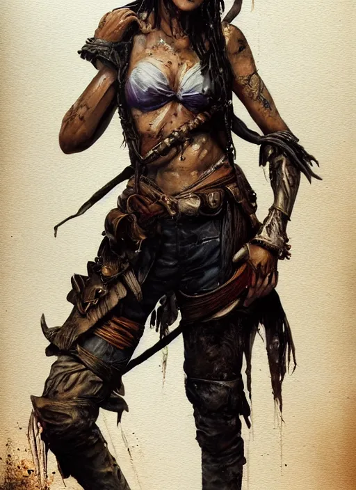 Image similar to full body concept art very wet watercolor of a female pirate, airbrushed painting, stunning, featured on artstation, cinematic lighting, hyperdetailed, cgsociety, 8k, dramatic, dark atmosphere, alluring