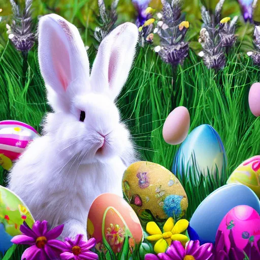 Image similar to cute fluffy white lop eared bunny rabbit sitting in meadow of spring flowers with easter eggs detailed painting 4k
