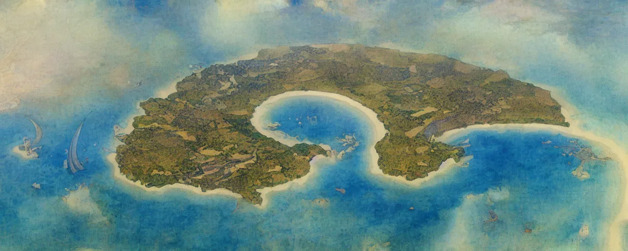 Image similar to a beautiful landscape painting of a tropical island in the middle of the ocean, by alfons maria mucha, trending on artstation, super ultra detail, aerial photography