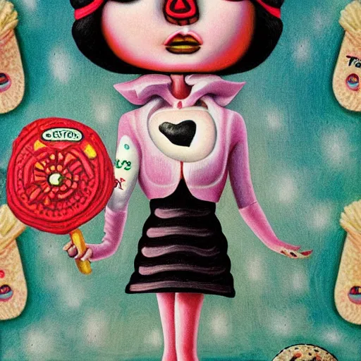 Image similar to taco girl. outsider art by mark ryden.