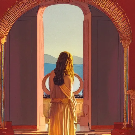 Image similar to a girl in a temple, film still by wes anderson, depicted by canova, limited color palette, very intricate, art nouveau, highly detailed, lights by hopper, soft pastel colors, minimalist