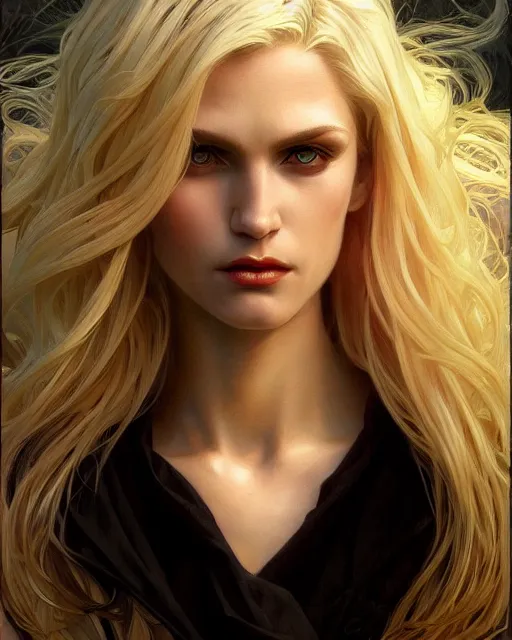 Image similar to portrait of a blonde vampire, dark, piercing eyes, gentle expression, elegant clothing, photorealistic, highly detailed, artstation, smooth, sharp focus, art by michael whelan, artgerm, greg rutkowski and alphonse mucha